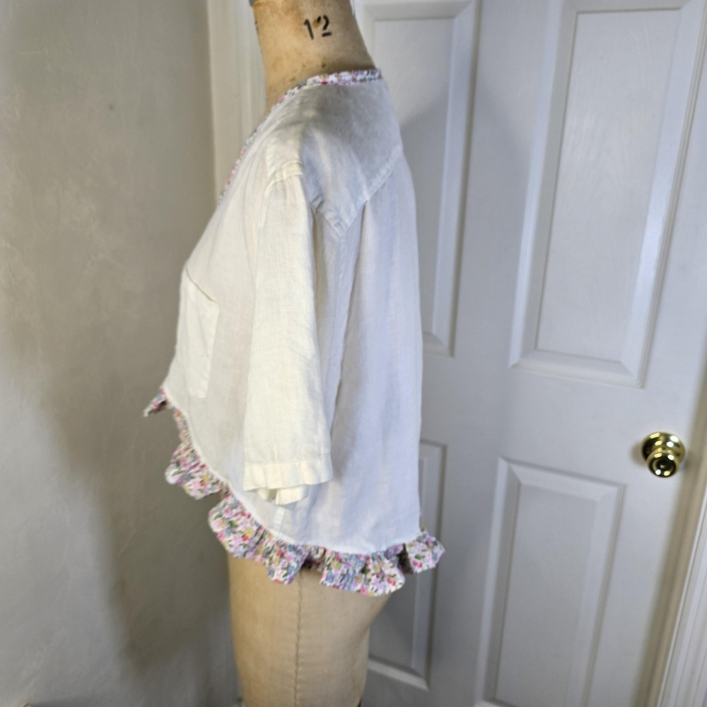 Upcycled off white womens cottagecore Linen floral ruffle. ‎ oversized S-M - Picture 6 of 7